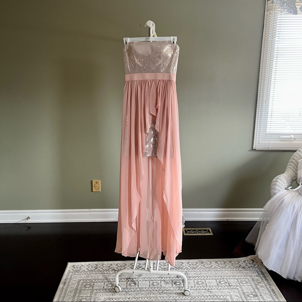 Blush pink glitter high-low strapless dress